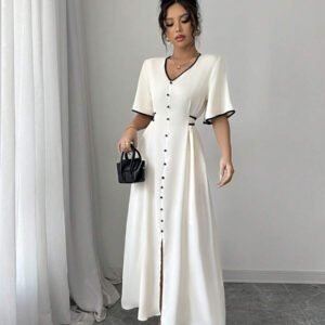 SHEIN PETITE Robe longue d'été pour femme, nouvelle conception printemps/été, bloc de couleurs abricot et noir, col V, volants aux manches, ceinture à nouer à la taille, jupe évasée, robe longue élégante et chic pour les occasions décontractées