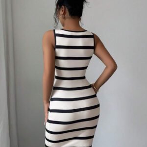 Elenzga Robe moulante mini élégante sans manches à rayures pour femmes, été