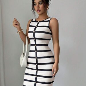 Elenzga Robe moulante mini élégante sans manches à rayures pour femmes, été