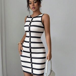 Elenzga Robe moulante mini élégante sans manches à rayures pour femmes, été