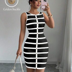 Elenzga Robe moulante mini élégante sans manches à rayures pour femmes, été