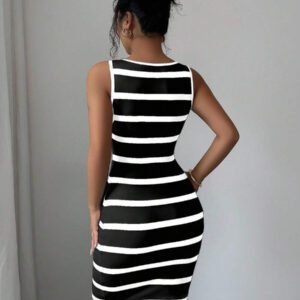 Elenzga Robe moulante mini élégante sans manches à rayures pour femmes, été