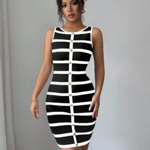 Elenzga Robe moulante mini élégante sans manches à rayures pour femmes, été