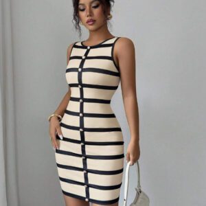 Elenzga Robe moulante mini élégante sans manches à rayures pour femmes, été