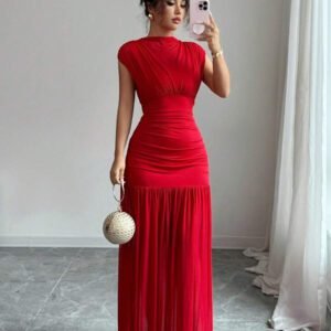 Elenzga Nouvelle robe longue à la mode pour femmes, col montant mini, sans manches, sexy, avec empiècement en maille ajourée et plissé. Couleur rouge unicolore. Convient pour une fête de remise des diplômes, les vacances, les rendez-vous