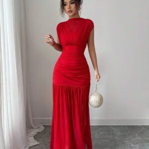 Elenzga Nouvelle robe longue à la mode pour femmes, col montant mini, sans manches, sexy, avec empiècement en maille ajourée et plissé. Couleur rouge unicolore. Convient pour une fête de remise des diplômes, les vacances, les rendez-vous
