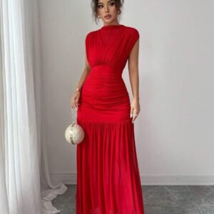 Elenzga Nouvelle robe longue à la mode pour femmes, col montant mini, sans manches, sexy, avec empiècement en maille ajourée et plissé. Couleur rouge unicolore. Convient pour une fête de remise des diplômes, les vacances, les rendez-vous