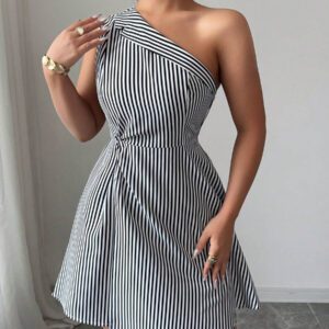 Elenzga Robe femme avec col asymétrique froncé à la taille, ourlet asymétrique, en motif rayé