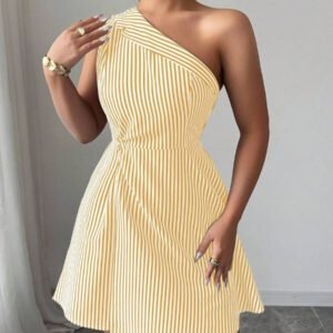 Elenzga Robe femme avec col asymétrique froncé à la taille, ourlet asymétrique, en motif rayé