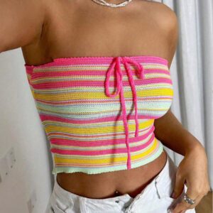 Flirla Haut En Tricot Rayé Pour Femmes Avec Nœud À Nouer Sur Le Devant