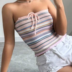 Flirla Haut En Tricot Rayé Pour Femmes Avec Nœud À Nouer Sur Le Devant