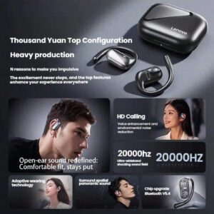 Lenovo Écouteurs Bluetooth open-ear EA340, convenant aux sports, course, jeux, musique, compatibles avec les téléphones Apple, Huawei, Xiaomi, Bluetooth 5.4 avec une longue autonomie et une faible latence, couleur noire