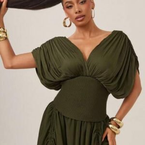 Vixey Top au décolleté plongeant drapé, plissé, à manches ouvertes, en côtes. Tenue décontractée chic pour femmes. Tenues de bureau pour femmes. Vêtements de travail pour femmes