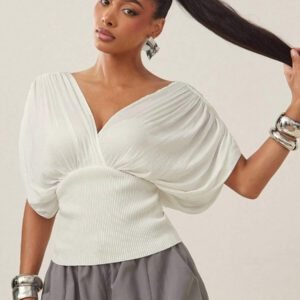 Vixey Top au décolleté plongeant drapé, plissé, à manches ouvertes, en côtes. Tenue décontractée chic pour femmes. Tenues de bureau pour femmes. Vêtements de travail pour femmes