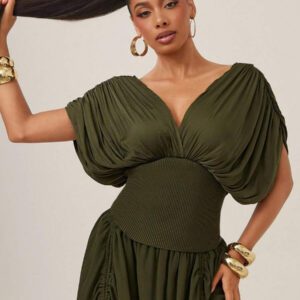 Vixey Top au décolleté plongeant drapé, plissé, à manches ouvertes, en côtes. Tenue décontractée chic pour femmes. Tenues de bureau pour femmes. Vêtements de travail pour femmes