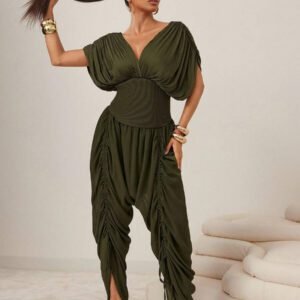 Vixey Top au décolleté plongeant drapé, plissé, à manches ouvertes, en côtes. Tenue décontractée chic pour femmes. Tenues de bureau pour femmes. Vêtements de travail pour femmes