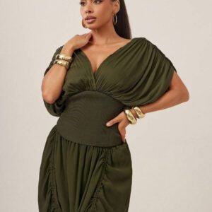 Vixey Top au décolleté plongeant drapé, plissé, à manches ouvertes, en côtes. Tenue décontractée chic pour femmes. Tenues de bureau pour femmes. Vêtements de travail pour femmes