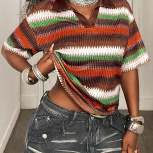 BamGleam Top court tricoté à rayures ondulées, style décontracté amusant de vacances d'été, semi-transparent, style régulier, sexy, pour fête, vacances, printemps/été