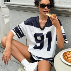 INAWLY T-shirt décontracté d'été pour femme à col en V et manches courtes, avec imprimé rayure chiffre, hauts femme
