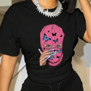 SHEIN T-shirt à manches courtes avec imprimé papillon et design graphique de caractère pour femmes, hauts pour femmes