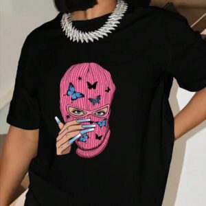SHEIN T-shirt à manches courtes avec imprimé papillon et design graphique de caractère pour femmes, hauts pour femmes