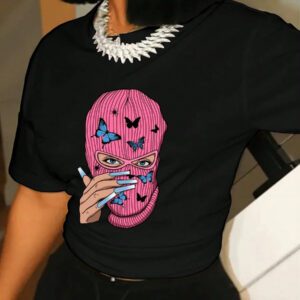 SHEIN T-shirt à manches courtes avec imprimé papillon et design graphique de caractère pour femmes, hauts pour femmes