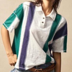 Bohemela T-shirt ample à manches courtes pour femme, style rétro casual, à rayures et patchwork col