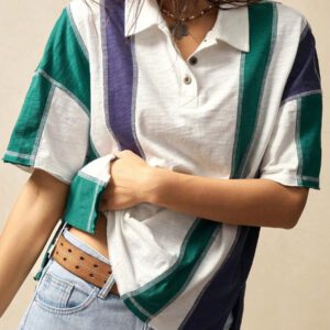 Bohemela T-shirt ample à manches courtes pour femme, style rétro casual, à rayures et patchwork col