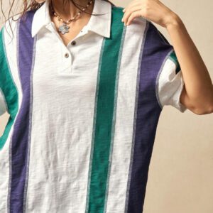 Bohemela T-shirt ample à manches courtes pour femme, style rétro casual, à rayures et patchwork col