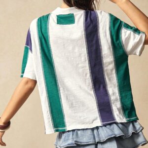Bohemela T-shirt ample à manches courtes pour femme, style rétro casual, à rayures et patchwork col