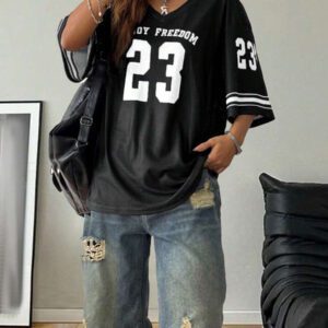 Coolane T-shirt de sport style jersey de rue oversized en satin avec imprimé lettres et étoiles pour femmes