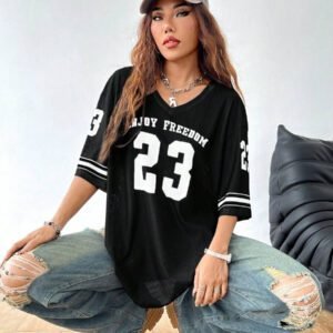 Coolane T-shirt de sport style jersey de rue oversized en satin avec imprimé lettres et étoiles pour femmes