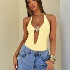 Aloruh Body sexy à encolure V profonde pour femme, avec boucle métallique décorative. Parfait pour les vacances.