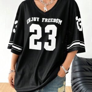 Coolane T-shirt de sport style jersey de rue oversized en satin avec imprimé lettres et étoiles pour femmes