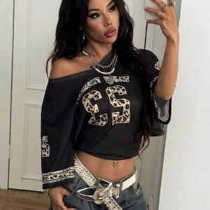 Coolane T-shirt de sport style jersey de rue oversized en satin avec imprimé lettres et étoiles pour femmes