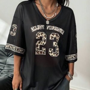 Coolane T-shirt de sport style jersey de rue oversized en satin avec imprimé lettres et étoiles pour femmes