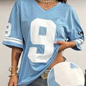 Coolane T-shirt de sport style jersey de rue oversized en satin avec imprimé lettres et étoiles pour femmes