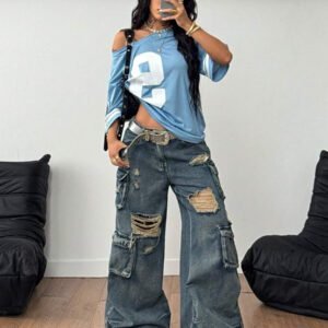 Coolane T-shirt de sport style jersey de rue oversized en satin avec imprimé lettres et étoiles pour femmes