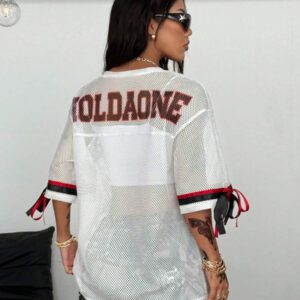 Coolane T-shirt de sport style jersey de rue oversized en satin avec imprimé lettres et étoiles pour femmes