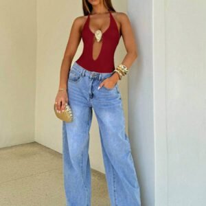 Aloruh Body sexy à encolure V profonde pour femme, avec boucle métallique décorative. Parfait pour les vacances.