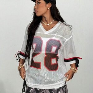 Coolane T-shirt de sport style jersey de rue oversized en satin avec imprimé lettres et étoiles pour femmes