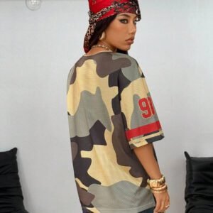 Coolane T-shirt de sport style jersey de rue oversized en satin avec imprimé lettres et étoiles pour femmes
