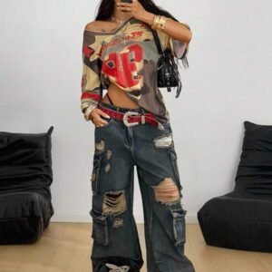 Coolane T-shirt de sport style jersey de rue oversized en satin avec imprimé lettres et étoiles pour femmes