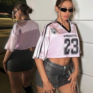 SHEIN ICON T-shirt court à col V ample et imprimé numérique sportif pour femmes, modèle d'été