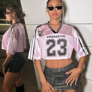 SHEIN ICON T-shirt court à col V ample et imprimé numérique sportif pour femmes, modèle d'été