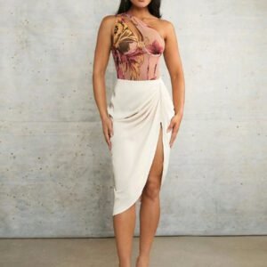 Silquee Combinaison moulante plissée à imprimé floral abstrait en maille, avec épaule dénudée, pour femme. Idéale pour les vacances