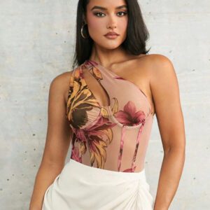Silquee Combinaison moulante plissée à imprimé floral abstrait en maille, avec épaule dénudée, pour femme. Idéale pour les vacances