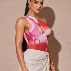 Silquee Combinaison moulante plissée à imprimé floral abstrait en maille, avec épaule dénudée, pour femme. Idéale pour les vacances