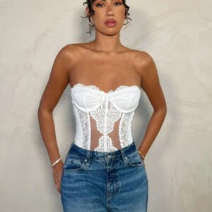SHEIN BAE Tenue de fête de jardin élégante pour femme au printemps : Camisole brassière bustier avec empiècement en dentelle blanche romantique, bretelles amovibles, convient pour les rendez-vous, les brunchs entre amis, les sorties de début de printemps, les événements festifs