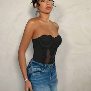SHEIN BAE Tenue de fête de jardin élégante pour femme au printemps : Camisole brassière bustier avec empiècement en dentelle blanche romantique, bretelles amovibles, convient pour les rendez-vous, les brunchs entre amis, les sorties de début de printemps, les événements festifs